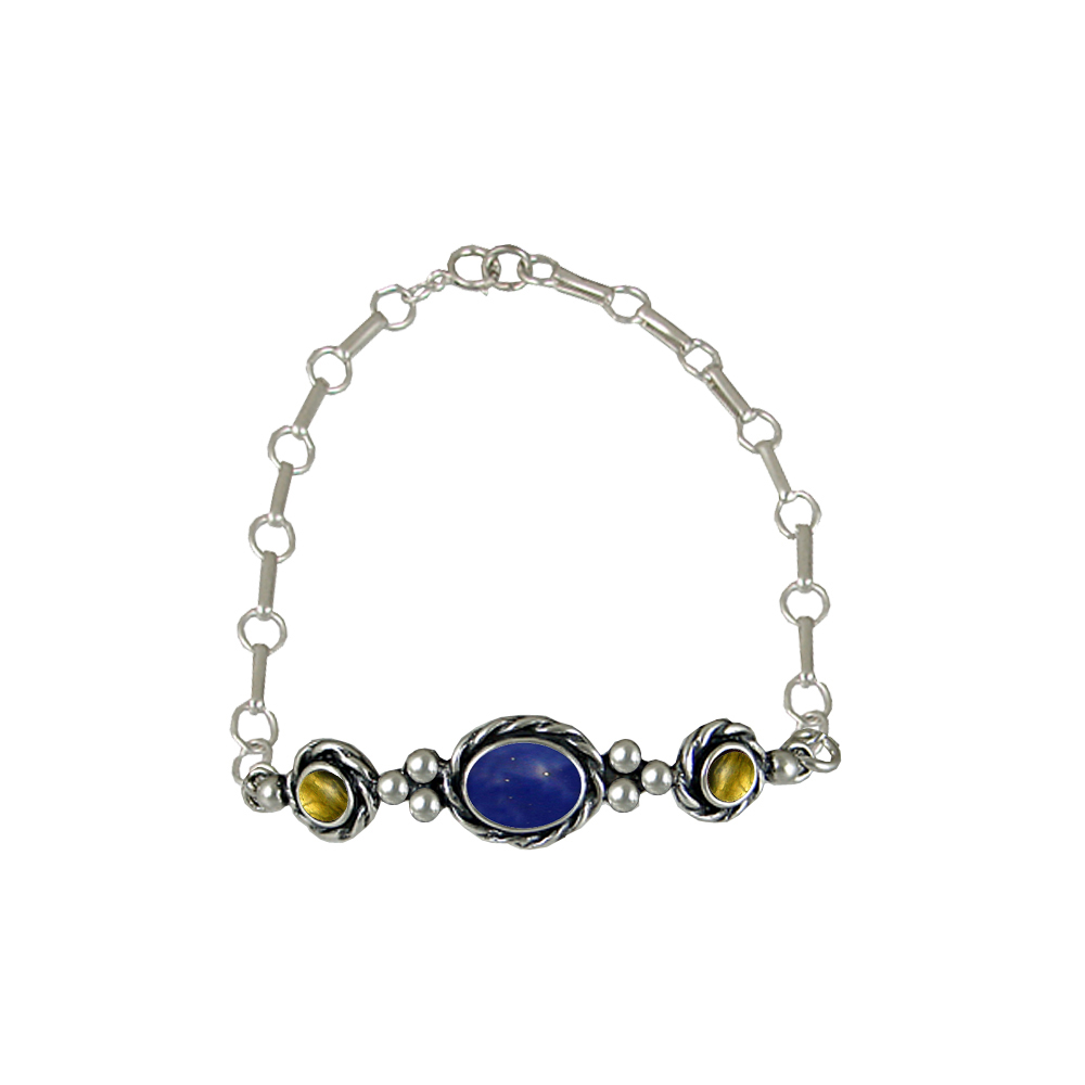 Sterling Silver Gemstone Adjustable Chain Bracelet With Lapis Lazuli And Citrine